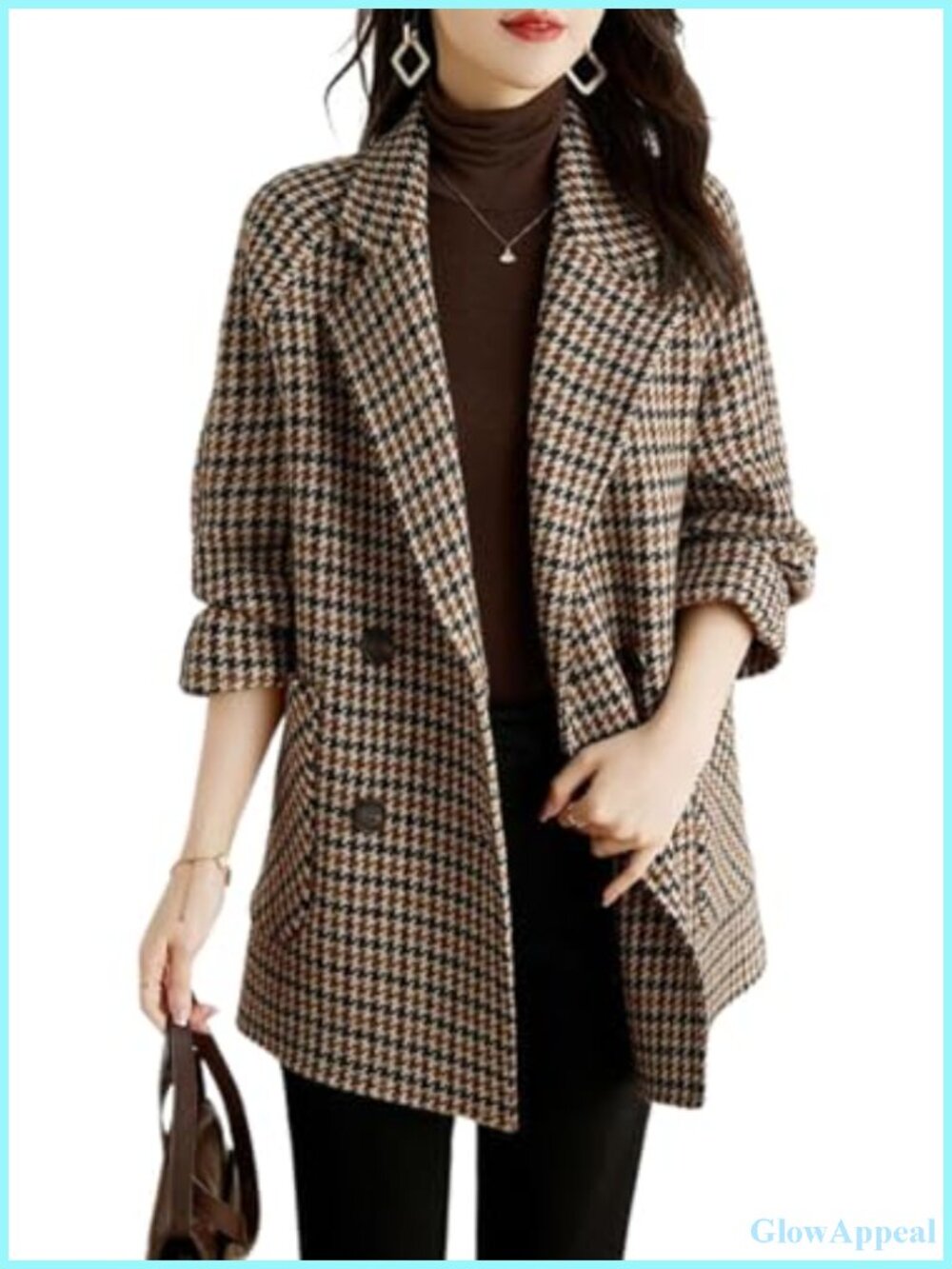 Womens Notched Lapel Pea Coat Double Breasted Houndstooth Woolen Blend Overcoat